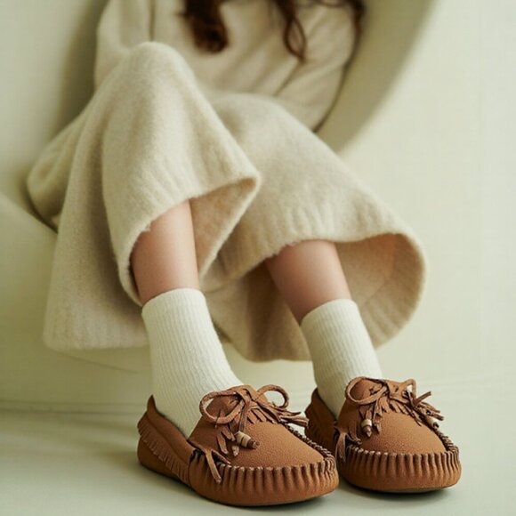 Unbranded Shoes - Women’s Brown Suede Moccasin Slippers Size 6 Faux Shearling Lined Cozy Fringe